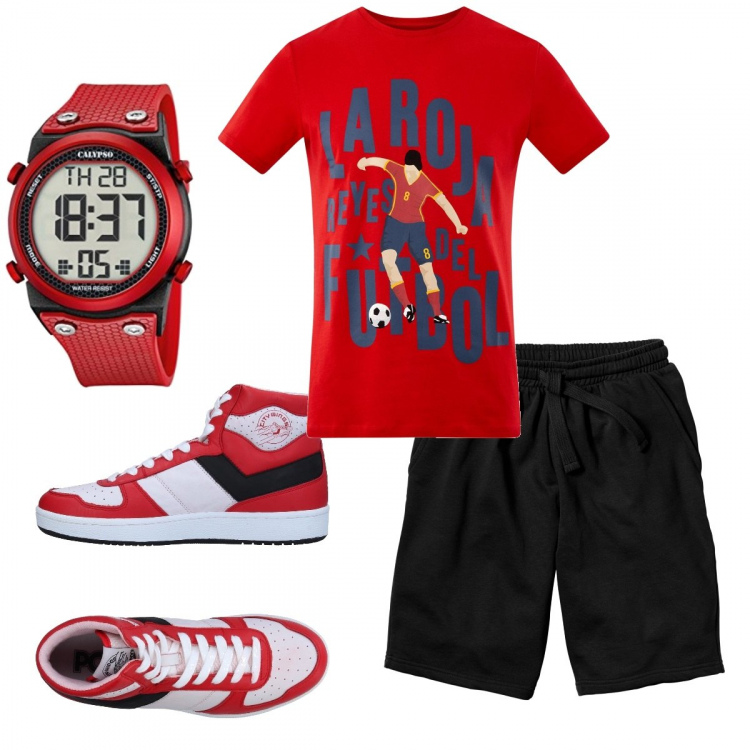 Outfit uomo - La roja. Stile Casual per Sport. Abbinamento con bermuda, sneakers, orologi digitali, t-shirt.