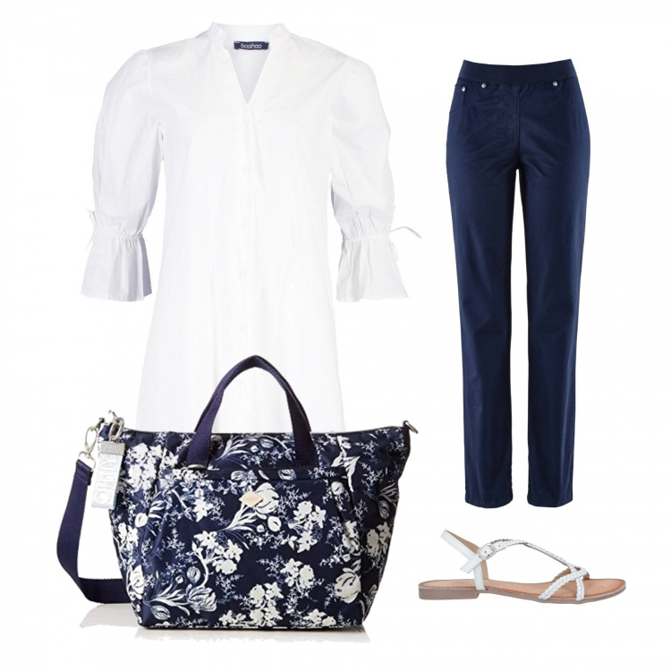 Outfit donna - Blue mood. Stile Basic per Tutti i giorni. Abbinamento con pantaloni sportivi, sandali, vestito, borse a cartella.