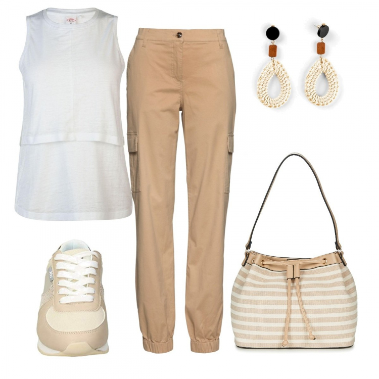 Outfit donna - Sabbia rovente. Stile Basic per Tutti i giorni. Abbinamento con maglieria, orecchini, borsa a spalla, sneakers, top.