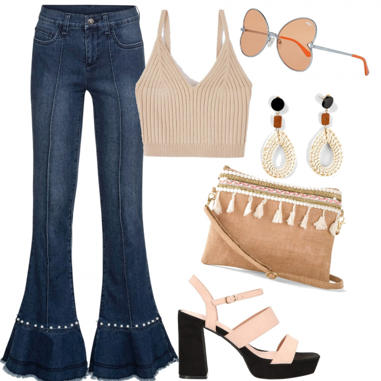 Outfit donna - Moda hippie. Stile Trendy per Tutti i giorni. Abbinamento con jeans bootcut, borse a spalla, orecchini, top, scarpe col tacco, occhiali da sole.