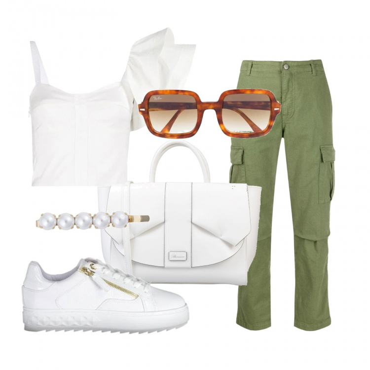 Outfit donna - Pantalone cargo e top bianco. Stile Trendy per Tutti i giorni. Abbinamento con borse a mano, accessori per capelli, pantaloni cargo, canottiere, occhiali da sole, scarpa sportiva.