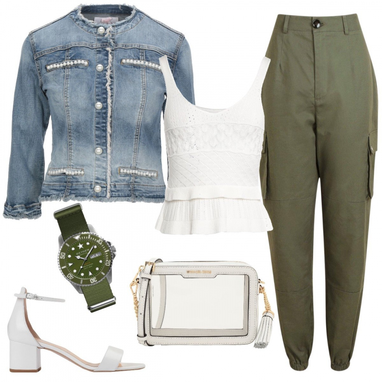 Outfit donna - Femminile anche con i cargo. Stile Trendy per Tutti i giorni. Abbinamento con giacca, top, sandali col tacco, borse a tracolla, pantalone cargo, orologi.