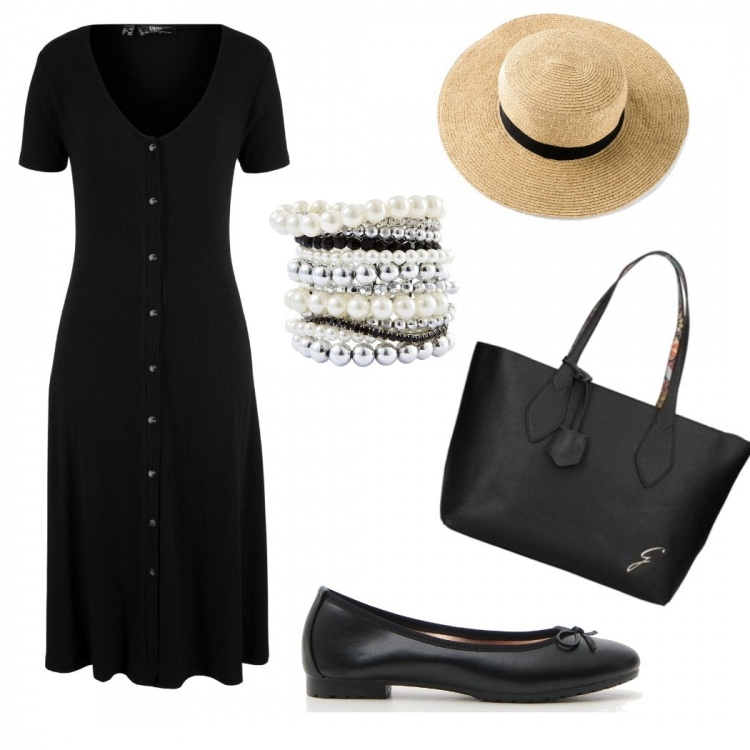 Outfit donna - Semplicemente fresca. Stile Bon Ton per Scuola/Università. Abbinamento con braccialetti, vestiti midi/longuette, maglieria, shopping bag, ballerine.