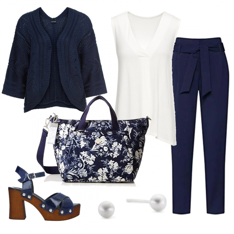 Outfit donna - Il blu per tutte le occasioni. Stile Basic per Serata fuori. Abbinamento con top, cardigans, sandali in pelle, cintura, borse a cartella, orecchini.