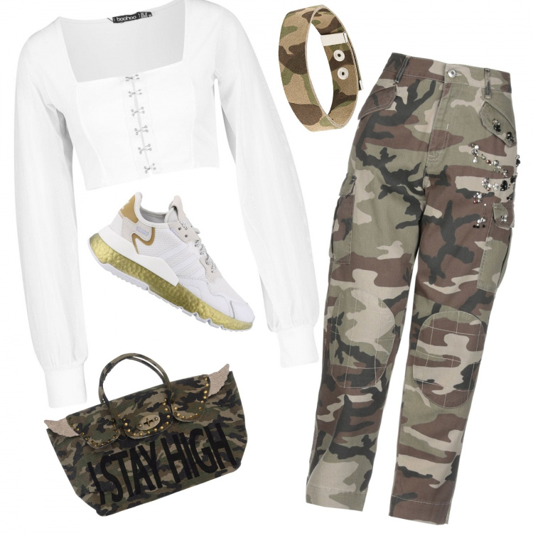 Outfit donna - Cargo mimetici e top bianco!. Stile Trendy per Tutti i giorni. Abbinamento con pantaloni cargo, borse a mano, top, collane, sneakers.