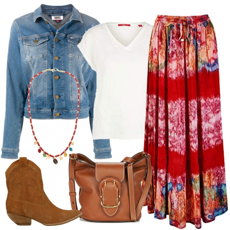 Outfit donna - Gonna Hippie e texani. Stile Etnico per Tutti i giorni. Abbinamento con scarpa col tacco, collane, borsa a spalla, giacca, gonna, bluse.