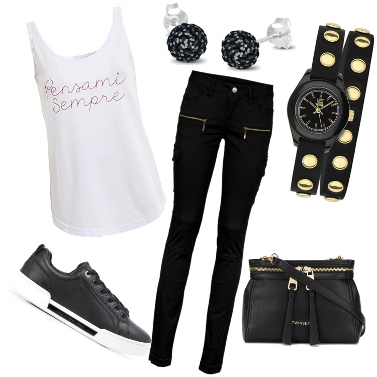 Outfit donna - Pomeriggio di relax al parco!. Stile Rock per Tutti i giorni. Abbinamento con pantaloni cargo, borse a spalla, sneakers, orologi, canottiere, orecchini.