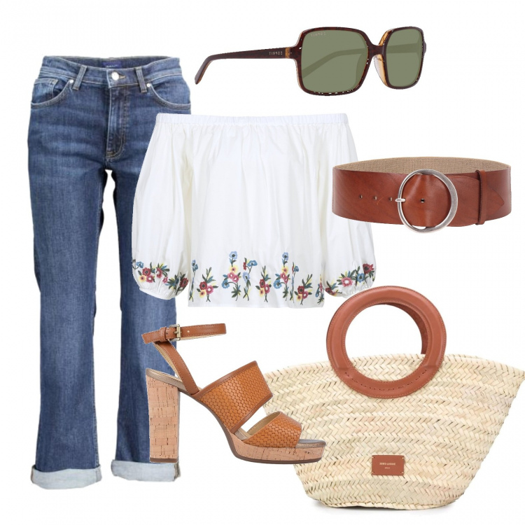 Outfit donna - Mood hippie. Stile Trendy per Tutti i giorni. Abbinamento con sandali col tacco, cinture, camicie, borse tote, jeans, occhiali da sole.