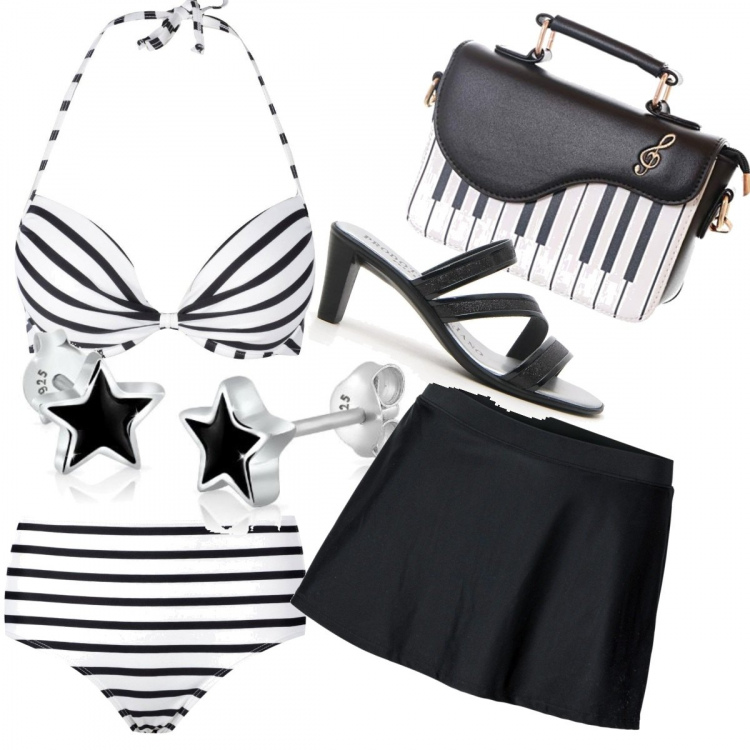Outfit donna - Chitarra in spiaggia. Stile Trendy per Mare. Abbinamento con gonne, bikini, bikini, borse a tracolla, ciabatte, orecchini.