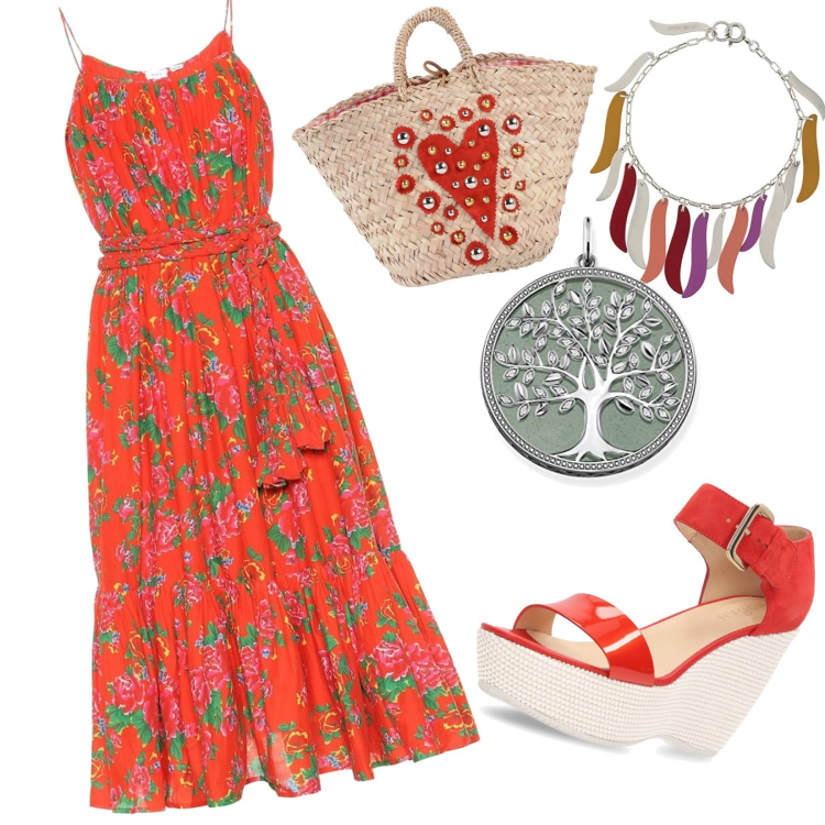 Outfit donna - Hippie Red flower!. Stile Etnico per Tutti i giorni. Abbinamento con borse a mano, braccialetti con ciondoli, vestito, sandali, ciondoli.