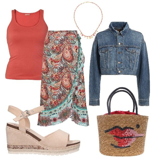 Outfit donna - Hippie mood. Stile Etnico per Tutti i giorni. Abbinamento con vestiti lunghi, collane, sandali, borsa a spalla, canottiere, blazer.