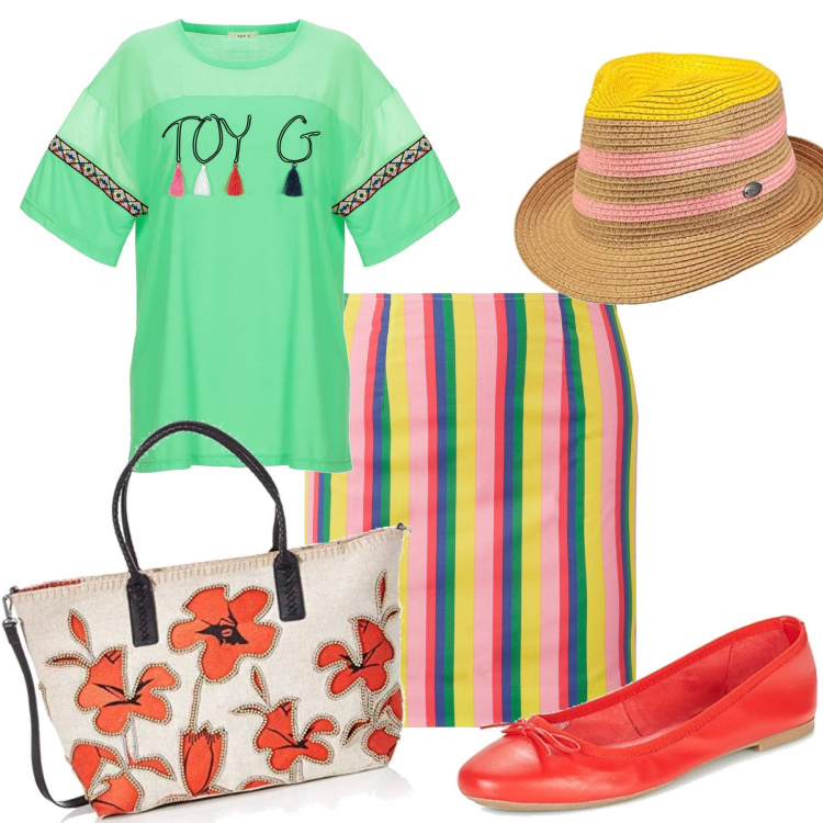 Outfit mujer - RAYAS. Estilo Basic para Todos los días. Combinación con sombreros, bolsos de mano, bailarinas, minifaldas, camiseta.