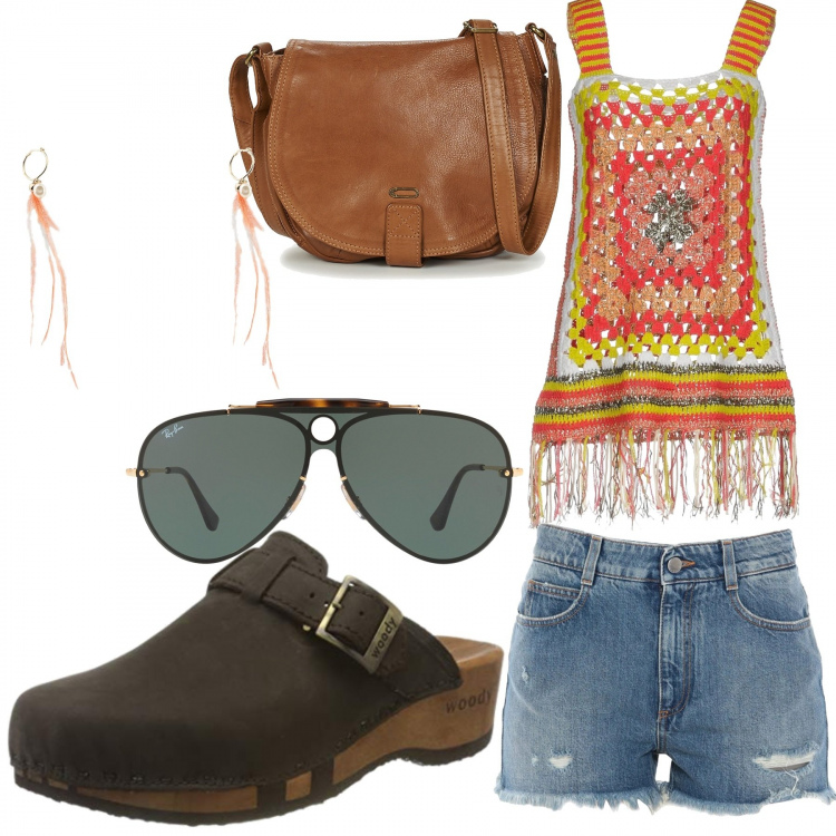 Outfit mujer - Umor hippie. Estilo Étnico para Todos los días. Combinación con pantuflas, bolso, gafas de sol, top, shorts, pendientes.