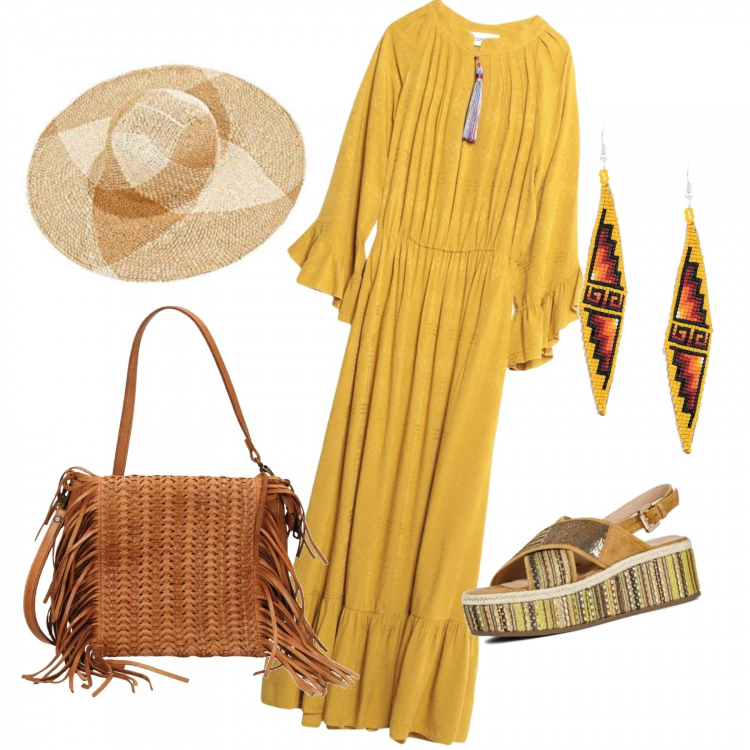 Outfit mujer - Recordar Ibiza. Estilo Étnico para Todos los días. Combinación con sombreros, sandalias, bandolera, vestidos largos, pendientes.