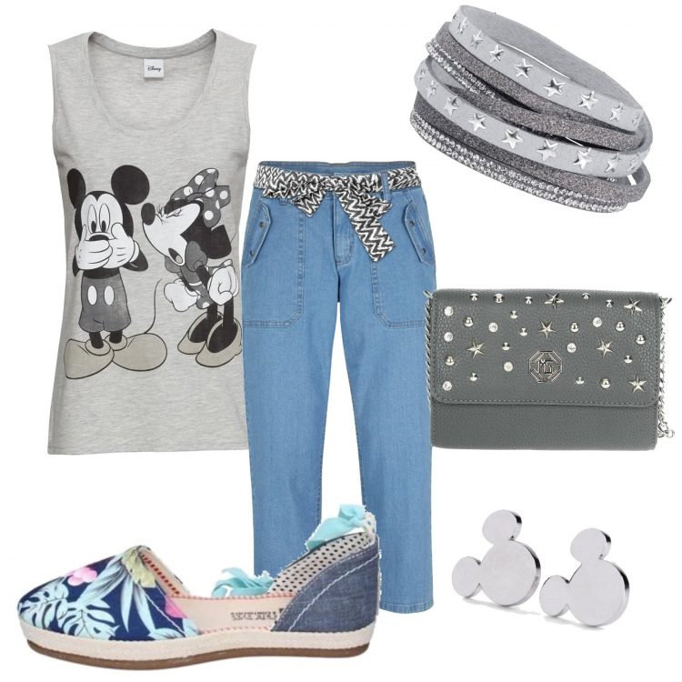 Outfit donna - Micky e Minnie. Stile Trendy per Tutti i giorni. Abbinamento con jeans, top, orecchini, braccialetti, sandali, borse a tracolla.