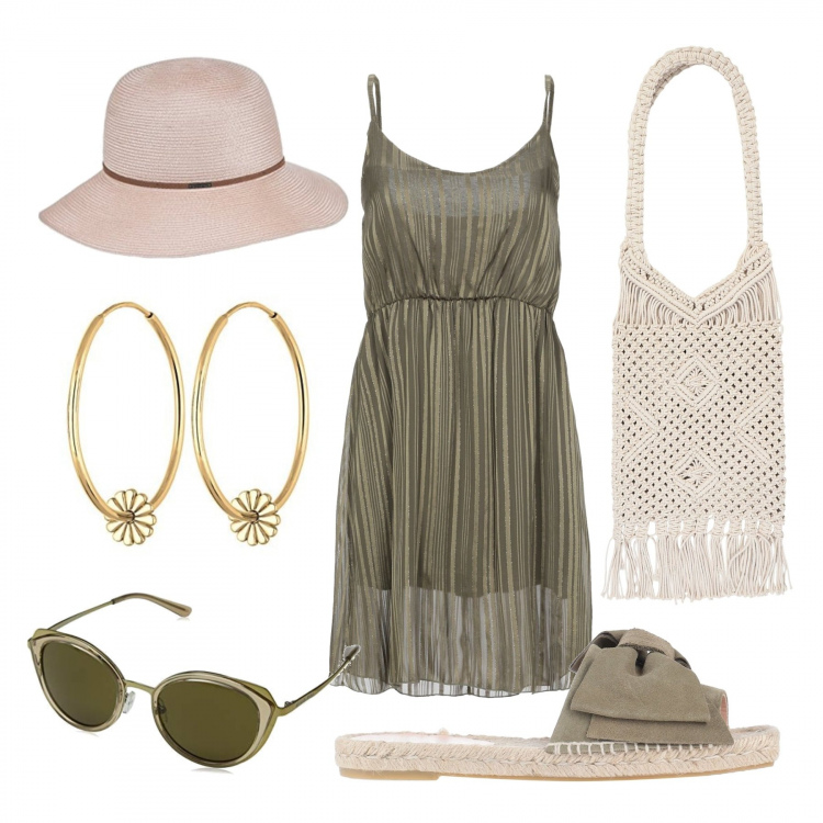 Outfit mujer - Paseo por la playa. Estilo Basic para Mar. Combinación con gafas de sol, sombreros, pendientes, vestidos cortos, sandalias de piel, bandolera.