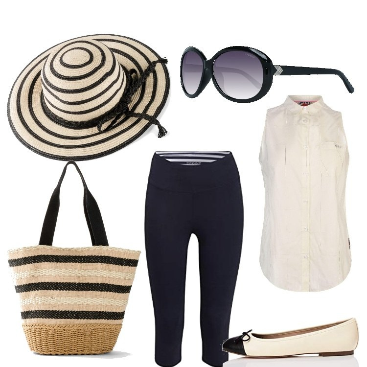 Outfit donna - Come Audrey. Stile Basic per Mare. Abbinamento con portafogli, cappelli, collant, camicie, ballerine, occhiali da sole.