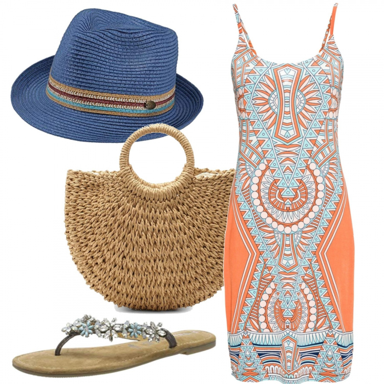 Outfit donna - To the beach. Stile Etnico per Mare. Abbinamento con vestiti, borsa, ciabatte, cappelli.