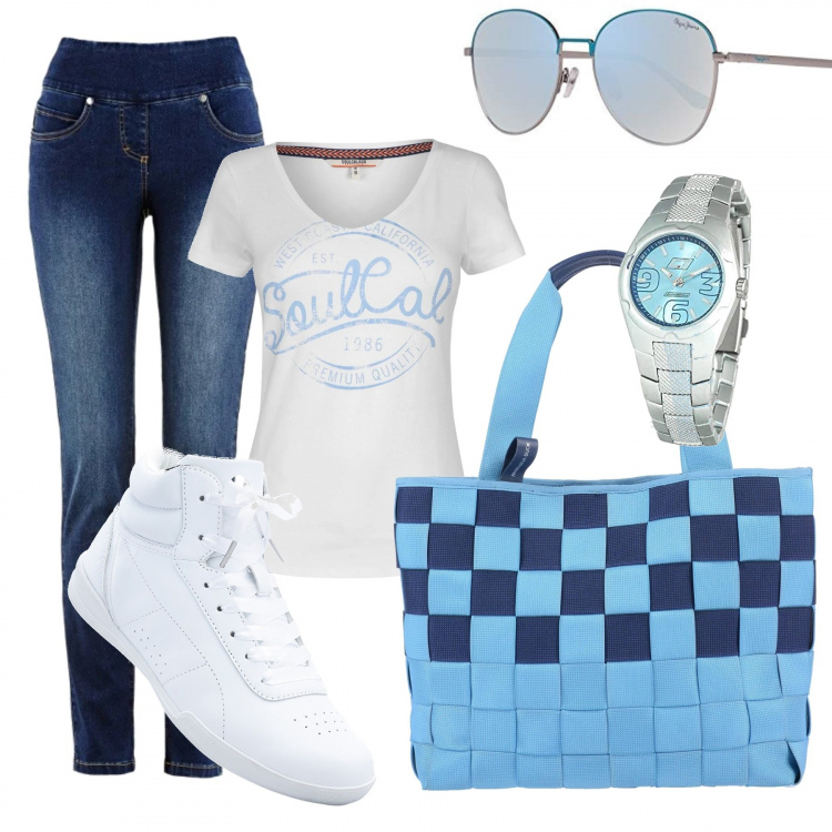 Outfit donna - Mix&Match. Stile Basic per Tutti i giorni. Abbinamento con jeans slim fit, sneakers alte, borse a mano, t-shirt, occhiali da sole, orologi.