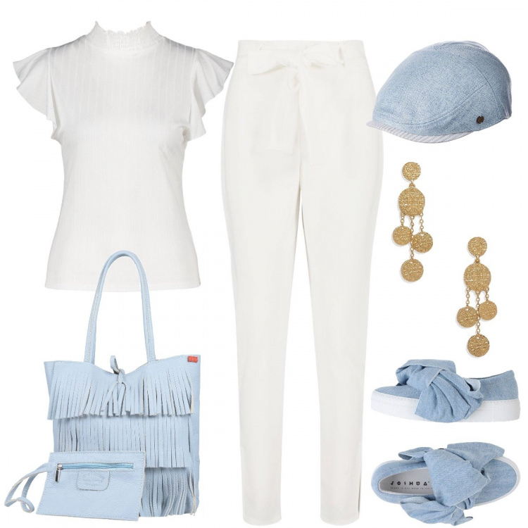 Outfit donna - Cappello e scarpe in denim. Stile Trendy per Tutti i giorni. Abbinamento con sneakers, borse a mano, top, pantaloni skinny, orecchini, berretti.