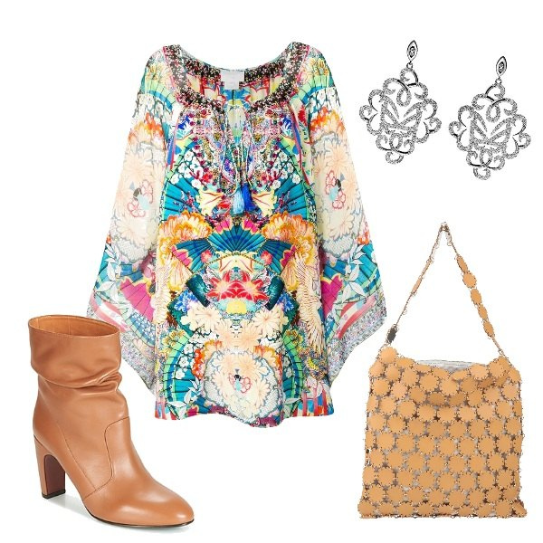 Outfit mujer - Étnico #3560. Estilo Étnico para Todos los días. Combinación con pendientes, botines, vestido corto, bandolera.