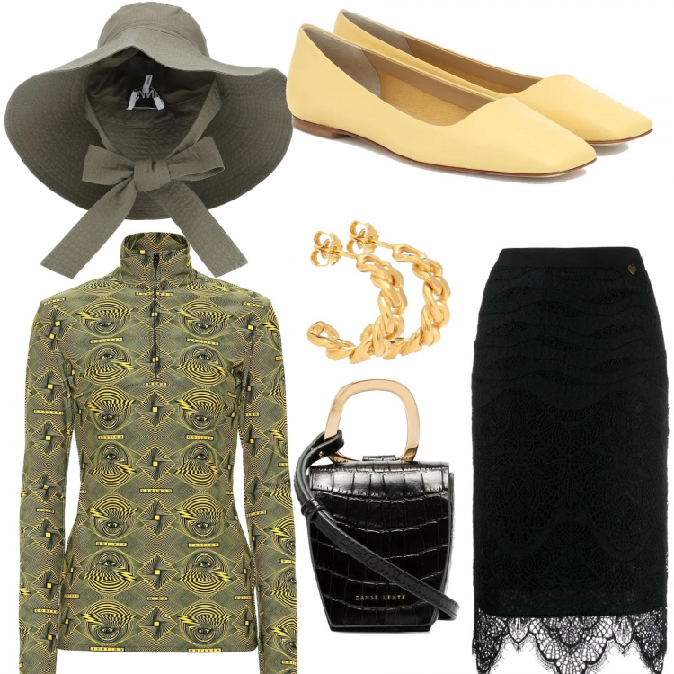Outfit femme - Mariage de ma meilleure amie. Style Tendance pour Cérémonie. Assortir avec jupe mi-longue, haut, chapeau, ballerines, sac en bandoulière, boucles d'oreilles.