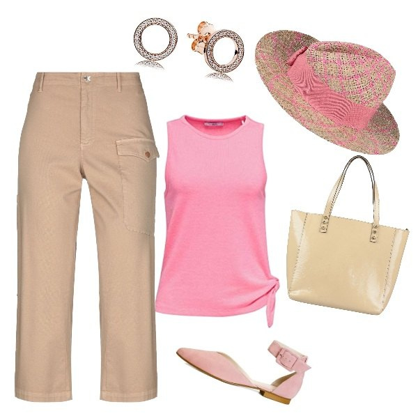 Outfit mujer - Basic #23868. Estilo Basic para Todos los días. Combinación con camiseta, pendientes, bailarinas, sombreros, bolsos, pantalones.
