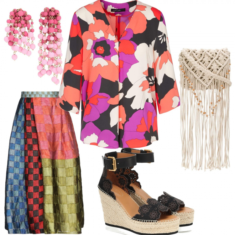 Outfit femme - Mode cool mode hippi. Style Ethnique pour Tous les jours. Assortir avec talons compensés, jupe mi-longue, blouse, sac en bandoulière, boucles d'oreilles.