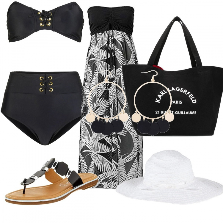 Outfit femme - Aux couleurs de Karl. Style Tendance pour Plage. Assortir avec pantalon , chapeaux, maillot de bain 2 pièces, cache-maillot, pantoufles, sac cabas.