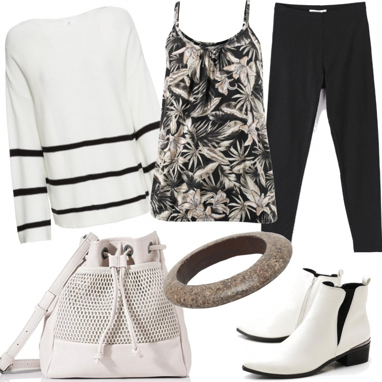 Outfit donna - Un barbecue in giardino. Stile Basic per Serata fuori. Abbinamento con top, maglione, braccialetti, leggings, stivaletti, borse a tracolla.