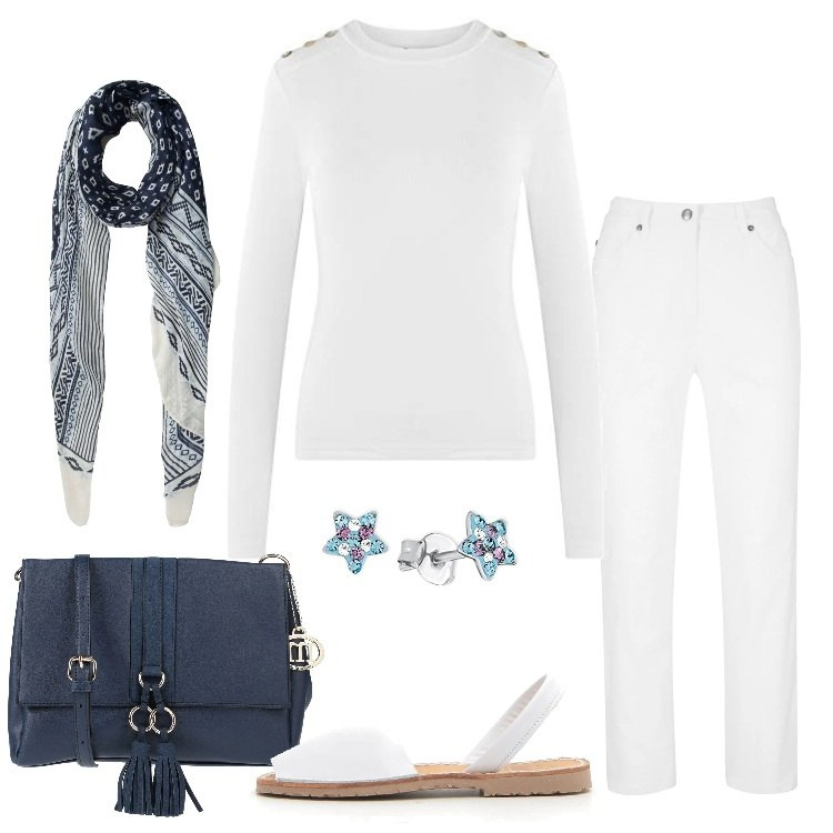 Outfit donna - Maglia bianca in cotone per la sera. Stile Basic per Serata fuori. Abbinamento con pantaloni, borsa a tracolla, sciarpe, maglieria, sandali.