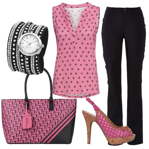 Outfit donna - Bicolor estivo. Stile Trendy per Tutti i giorni. Abbinamento con pantaloni, top, orologio, borsa a mano, sandali col tacco.