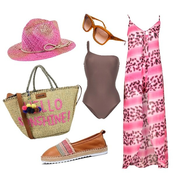 Outfit mujer - Sun shine. Estilo Trendy para Mar. Combinación con sombreros, espadrillas, gafas de sol, shorts, bañador, bolso de mano.