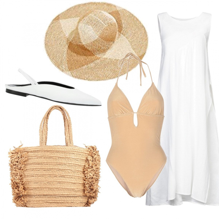 Outfit donna - Flat e cappello: chic comodo. Stile Chic per Mare. look ideale per Tall. Abbinamento con vestiti midi/longuette, costumi interi, borse a spalla, ballerine, cappelli.