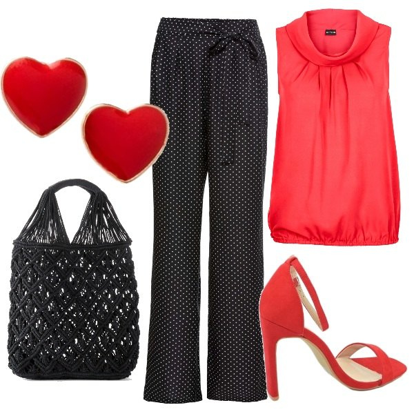 Outfit donna - Cuori e pois. Stile Trendy per Serata fuori. Abbinamento con costumi interi, pantaloni a palazzo, top, borse a mano, sandali con tacco.