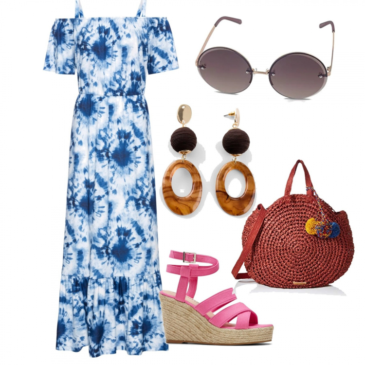 Outfit femme - Tendance #38152. Style Tendance pour Ecole/Université. Assortir avec robe longue, chaussures à semelle compensée, boucles d'oreilles, cabas, lunettes.