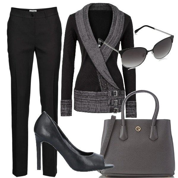 Outfit donna - Un pullover per l\'ufficio. Stile Trendy per Ufficio. Abbinamento con pantaloni, maglioni, zeppe, occhiali da sole, borse a mano.