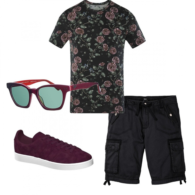 Outfit uomo - T-shirt con le rose. Stile Casual per Tutti i giorni. Abbinamento con bermuda, sneakers, t-shirt, occhiali da sole.