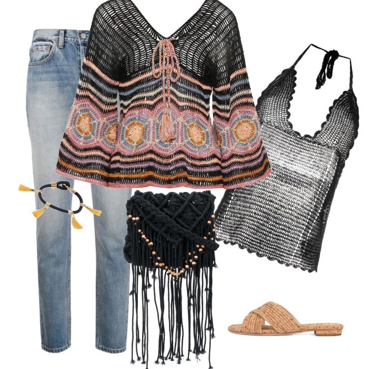 Outfit femme - En Mood Hippie tout en crochet !. Style Tendance pour Tous les jours. Assortir avec hauts, sandales à talon, haut, jeans, sacs à l'épaule, bracelet.
