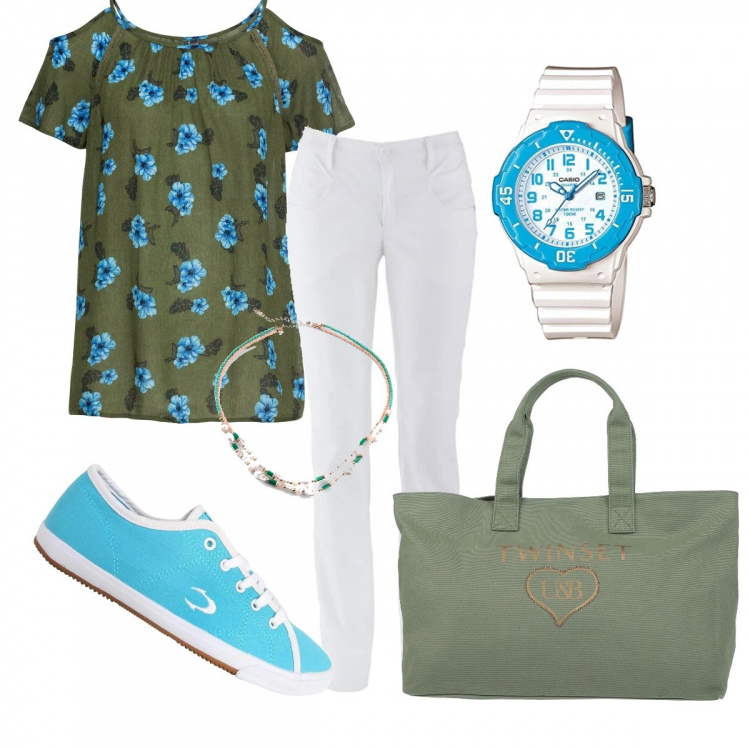 Outfit donna - Comodità a fiori. Stile Basic per Tutti i giorni. Abbinamento con pantaloni, cinture, maglieria, borsa a mano, orologi analogici, sneakers.