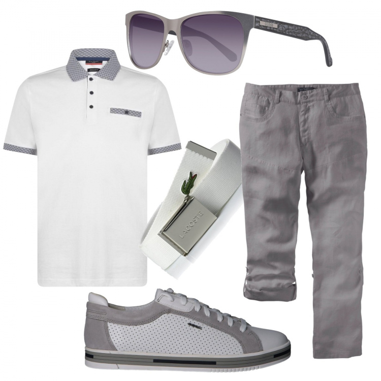 Outfit uomo - Pantalone estivo di lino. Stile Urban per Tutti i giorni. Abbinamento con pantaloni, polo, sneakers, cinture, occhiali da sole.