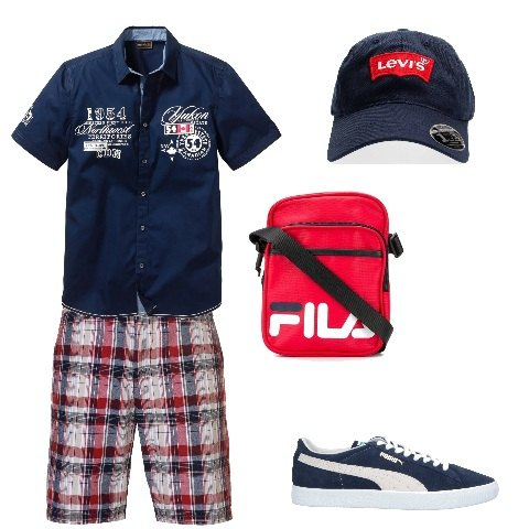 Outfit uomo - Casual #11751. Stile Casual per Tutti i giorni. Abbinamento con camicie a manica corta, sneakers, cappelli con visiera, borse sportive, bermuda.