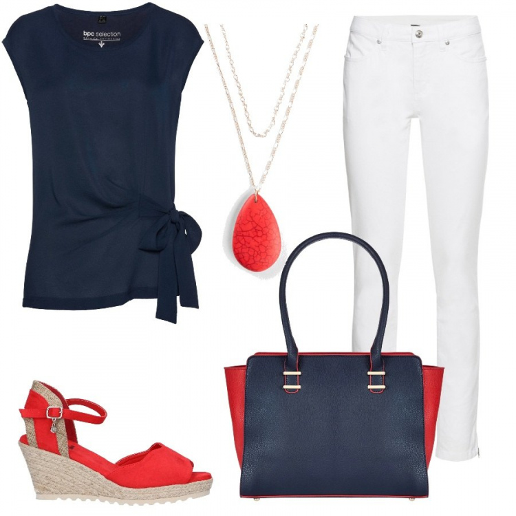 Outfit donna - Un tocco di rosso. Stile Trendy per Tutti i giorni. Abbinamento con jeans skinny, bluse, borsa a mano, gonne, sandali.