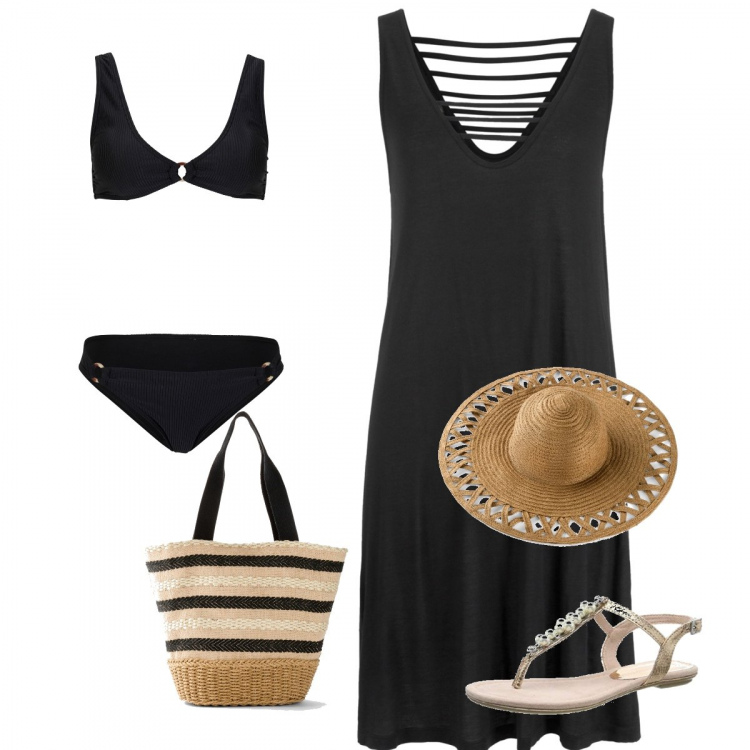 Outfit donna - Pool party. Stile Basic per Mare. Abbinamento con vestiti da spiaggia, bikini, portafogli, cappelli, infradito.