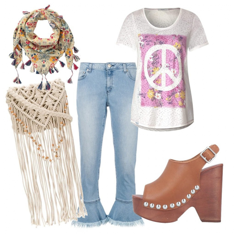 Outfit femme - Mood hippie and love. Style Ethnique pour Tous les jours. Assortir avec foulards, t-shirt, jean skinny, sandales à talon, sac en bandoulière.