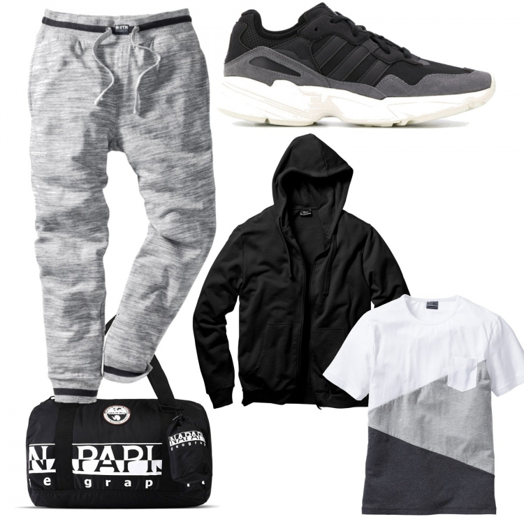 Outfit uomo - Andiamo in palestra. Stile Casual per Sport. Abbinamento con felpe con cappuccio, pantaloni, t-shirt, borse sportive, sneakers.