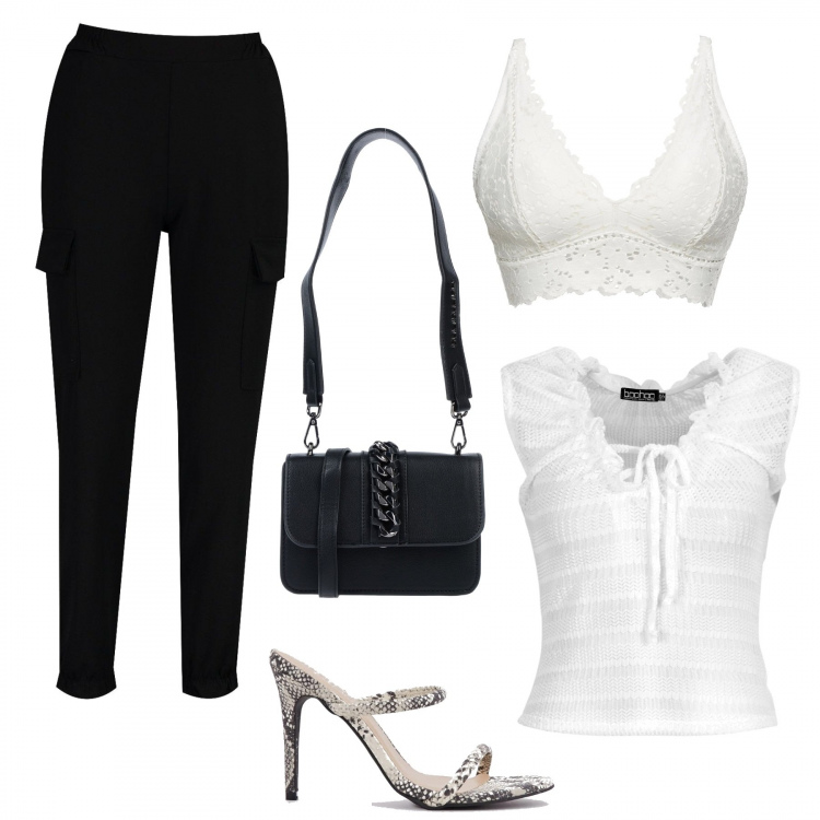 Outfit donna - Sexy in cargo e top. Stile Sexy per Serata fuori. Abbinamento con borsa messenger, vestiti lunghi, sabot, top, pantalone cargo.