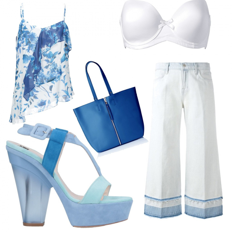 Outfit donna - Bianco e blu. Stile Trendy per Serata fuori. Abbinamento con reggiseni, top, sandali col tacco, jeans, borse a spalla.