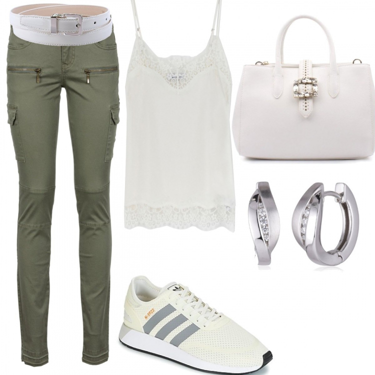 Outfit donna - Un pizzico di femminilità. Stile Urban per Serata fuori. Abbinamento con pantaloni cargo, top, scarpa sportiva, borse a mano, orecchini, cinture.