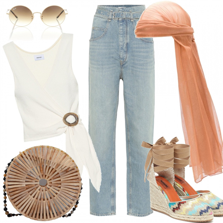 Outfit femme - Look hippie tendance. Style Ethnique pour Tous les jours. Assortir avec bonnets, haut, espadrilles, jean coupe droite, lunettes de soleil, sacs à l'épaule.